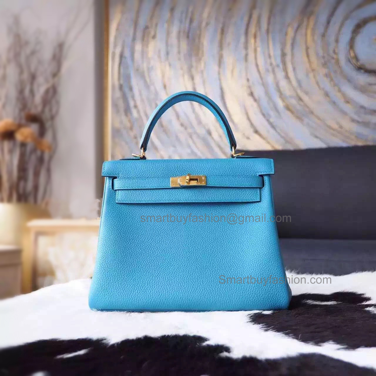 Replica Hermes Kelly 25 Handmade Bag in 7b Turquoise Blue Togo Calfskin GHW