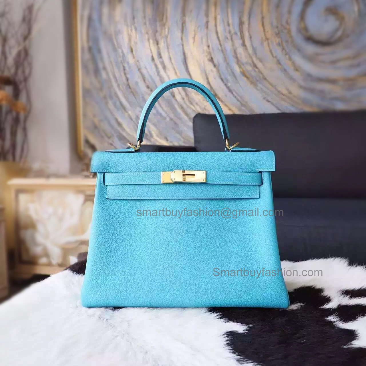 Replica Hermes Kelly 25 Handmade Bag in 3z Blue Saint Cyr Togo Calfskin GHW
