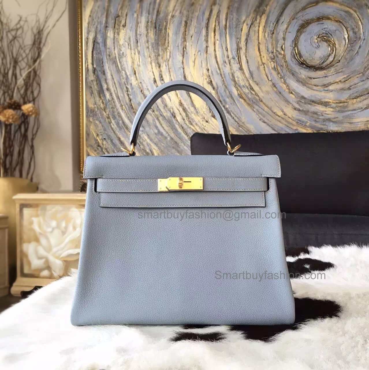 Replica Hermes Kelly 28 Handmade Bag in j7 Blue Lin Clemence Calfskin SHW