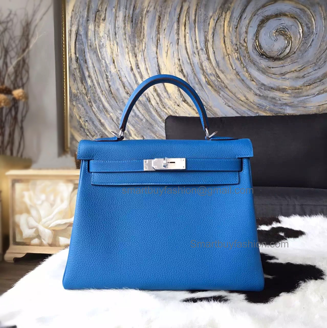 Replica Hermes Kelly 28 Handmade Bag in 7q Mykonos Clemence Calfskin GHW