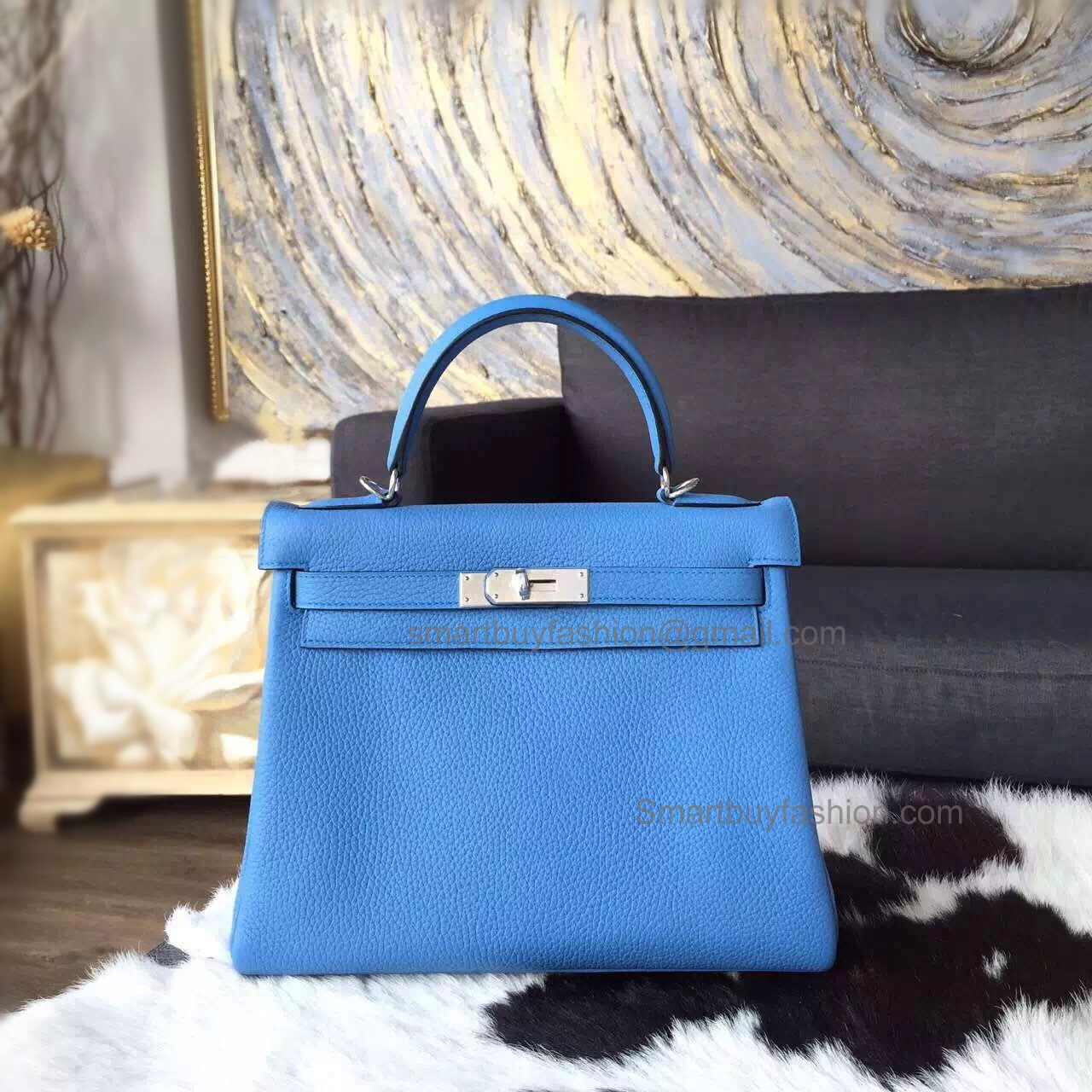Replica Hermes Kelly 28 Handmade Bag in 2t Blue Paradise Clemence Calfskin SHW