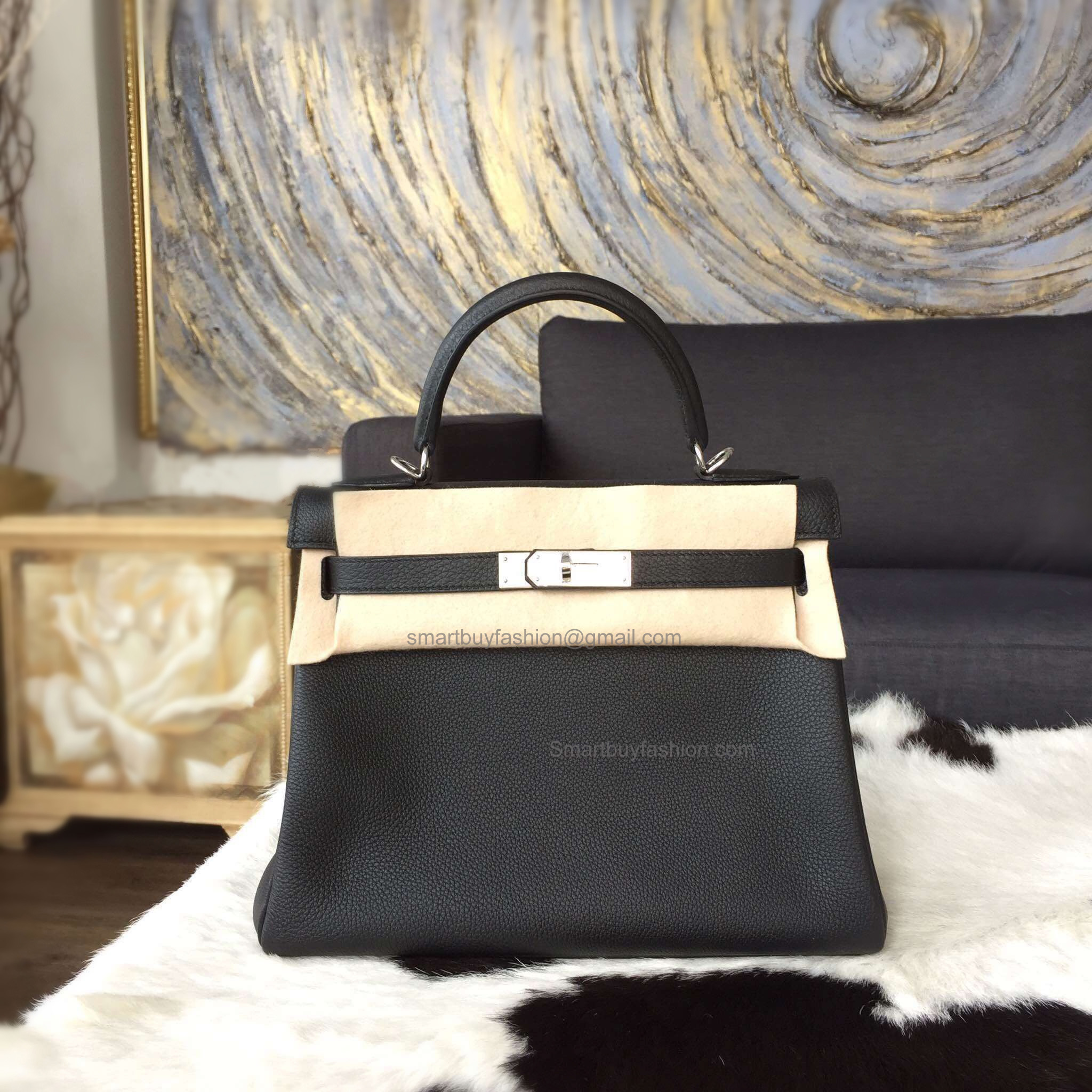 Replica Hermes Kelly 28 Handmade Bag in ck89 Noir Togo Calfskin SHW
