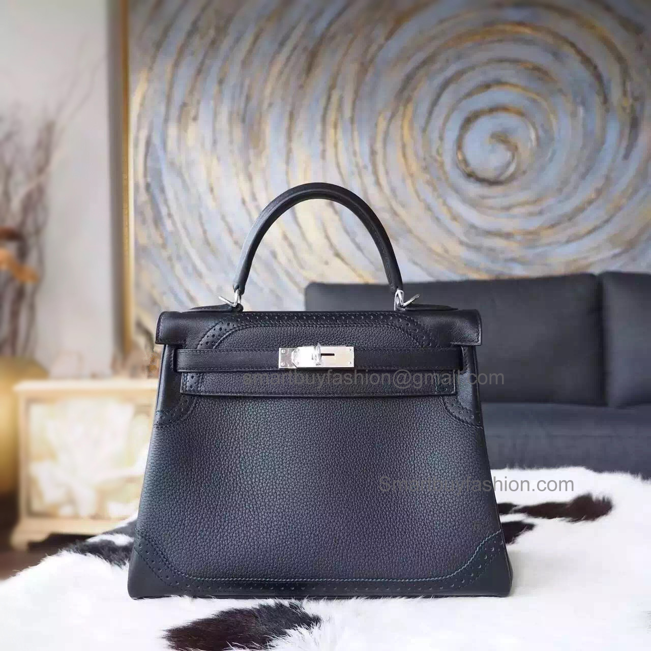 Best Knock Off Hermes Kelly 28 Ghillies Bag in ck89 Noir Calfskin SHW