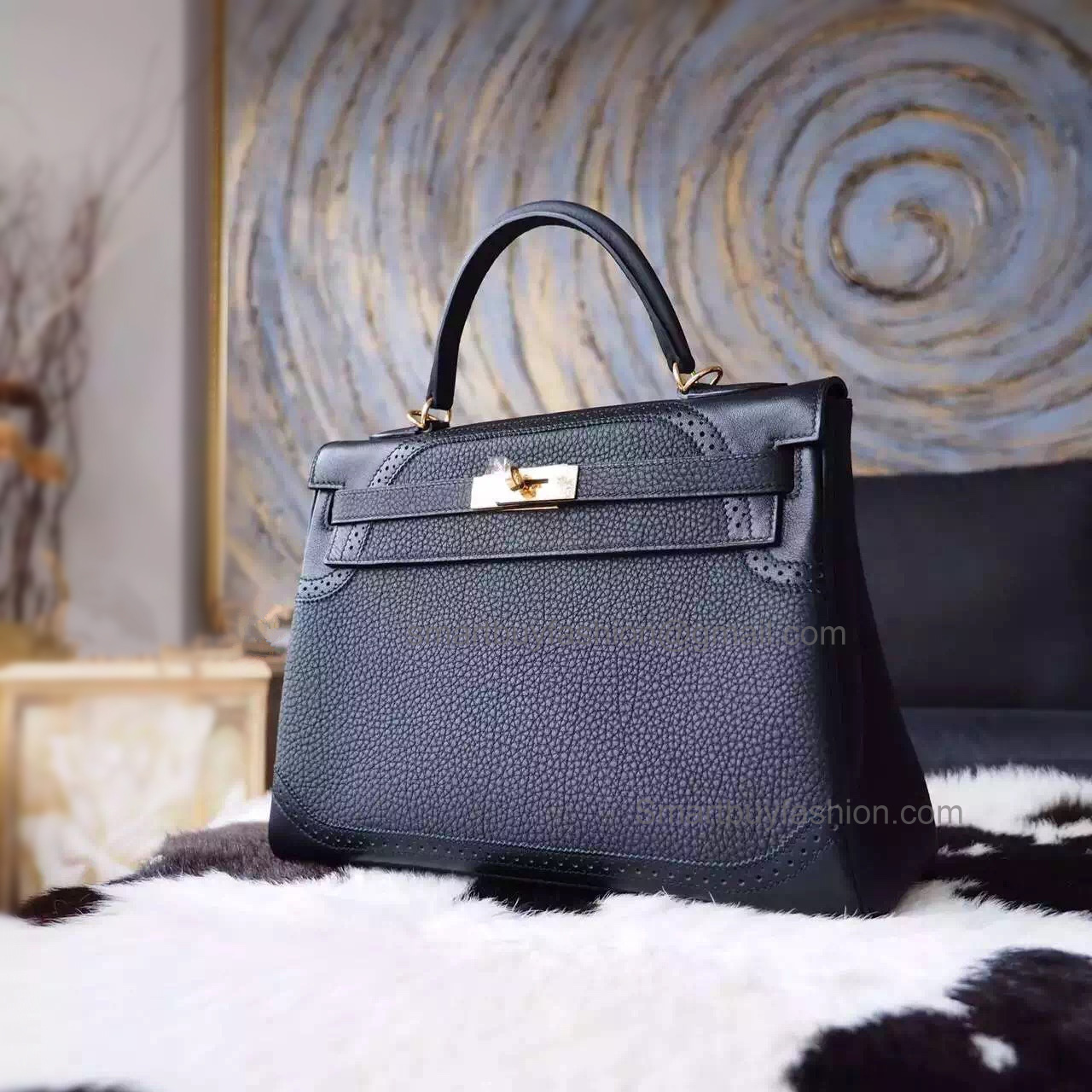 Best Knock Off Hermes Kelly 28 Ghillies Bag in ck89 Noir Calfskin GHW