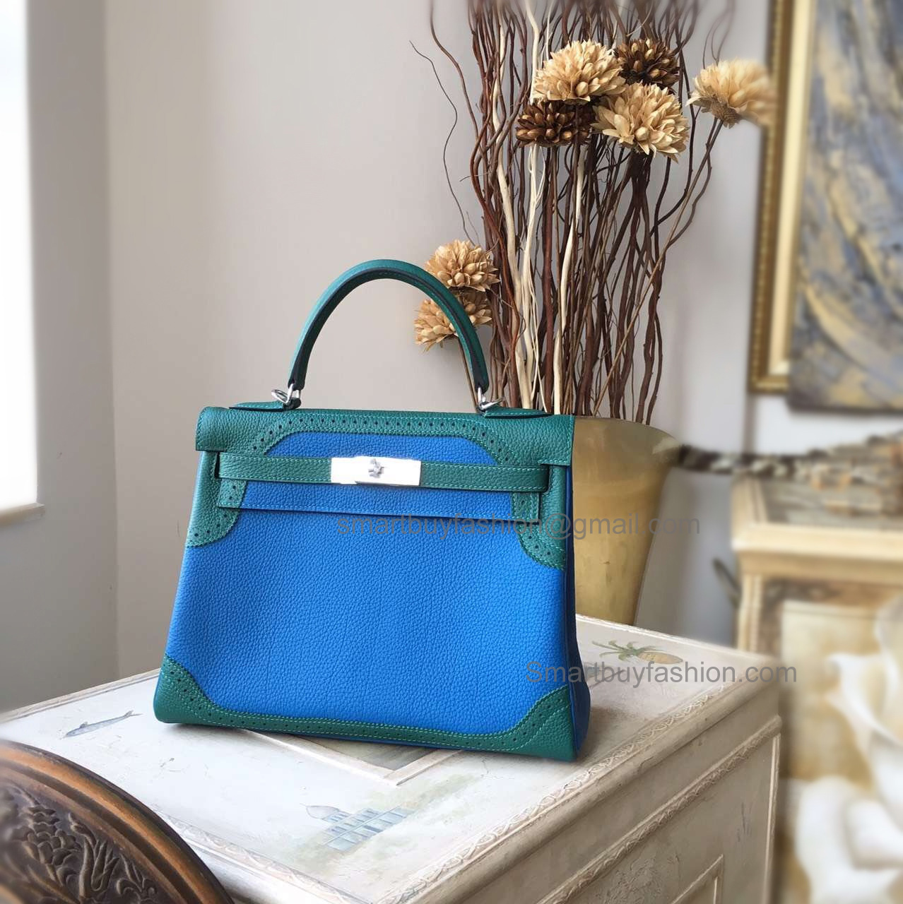 Knockoff Hermes Kelly 28 Ghillies Bag in Bicolored 7q Mykonos Togo Calfskin SHW