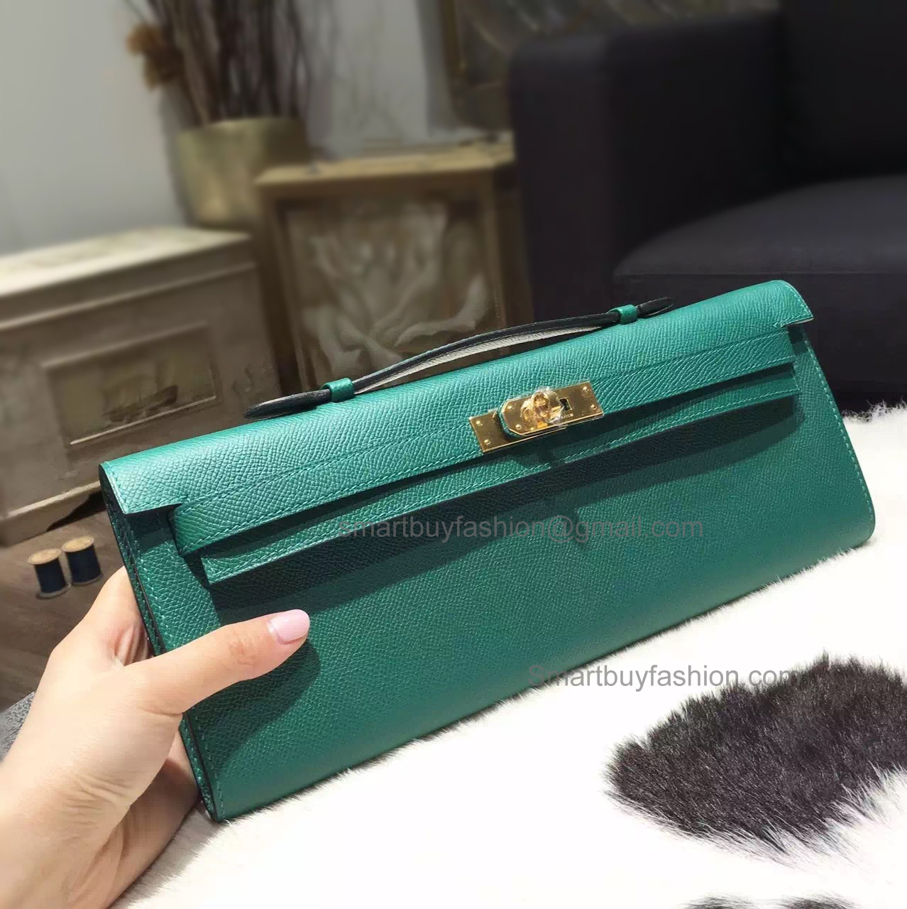 Handmade Hermes Kelly Cut Copy Clutch in z6 Malachite Epsom Calfskin GHW