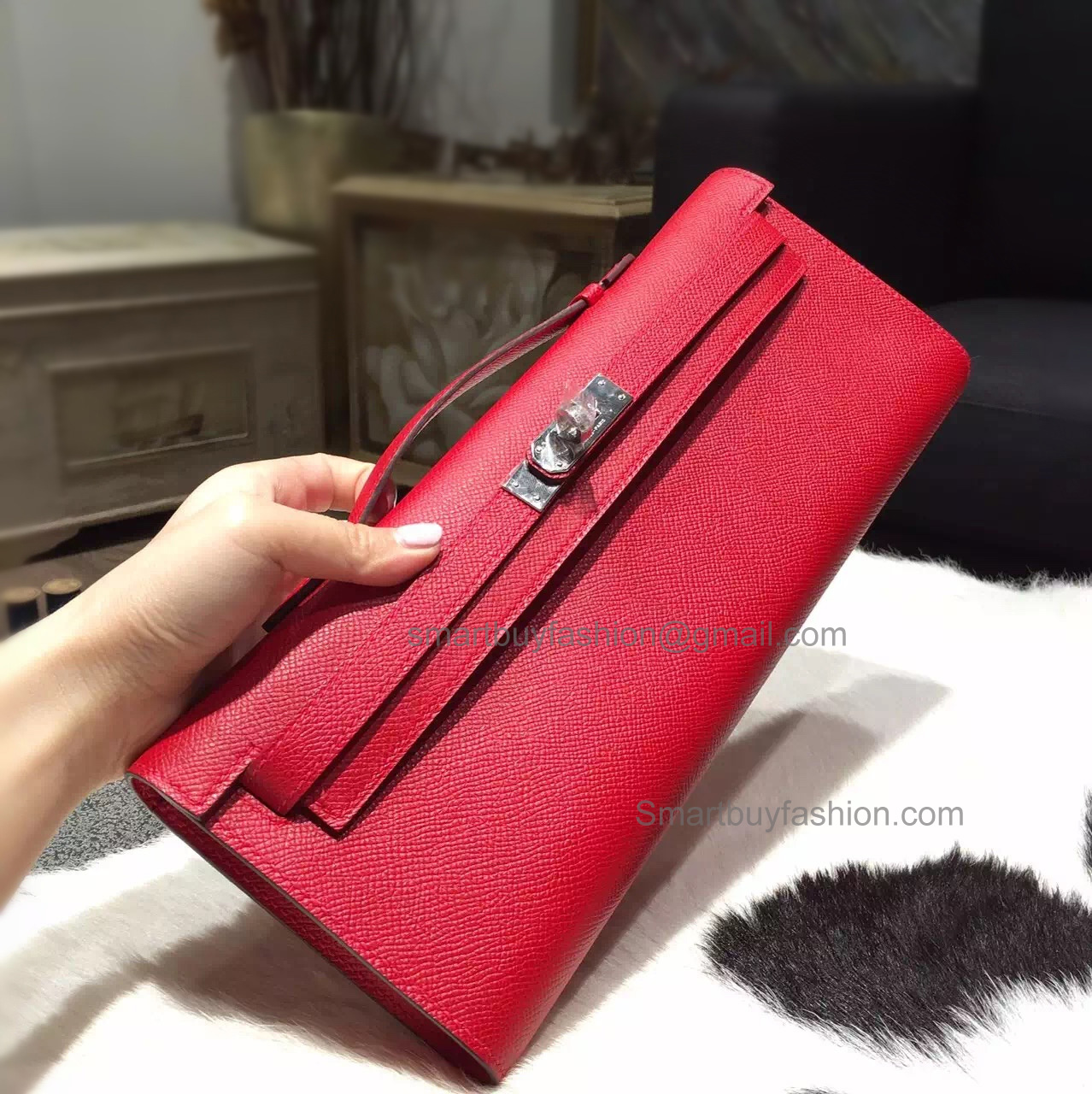 Handmade Hermes Kelly Cut Copy Clutch in q5 Rouge Casaque Epsom Calfskin PHW