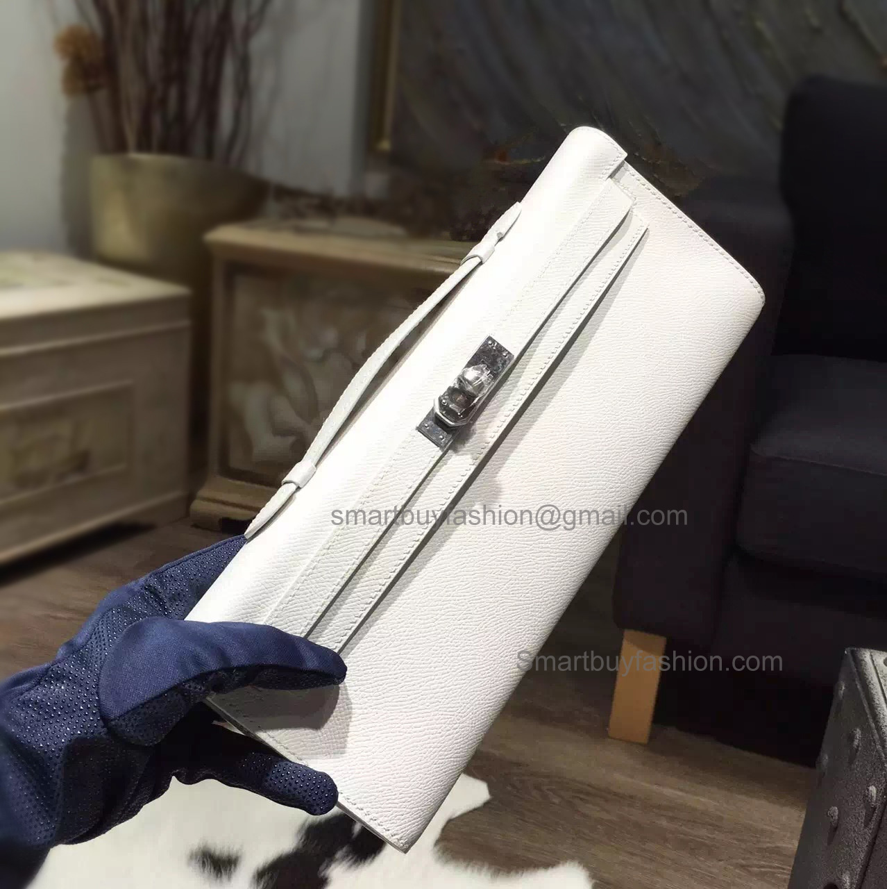 Handmade Hermes Kelly Cut Copy Clutch in ck01 Blanc Epsom Calfskin PHW
