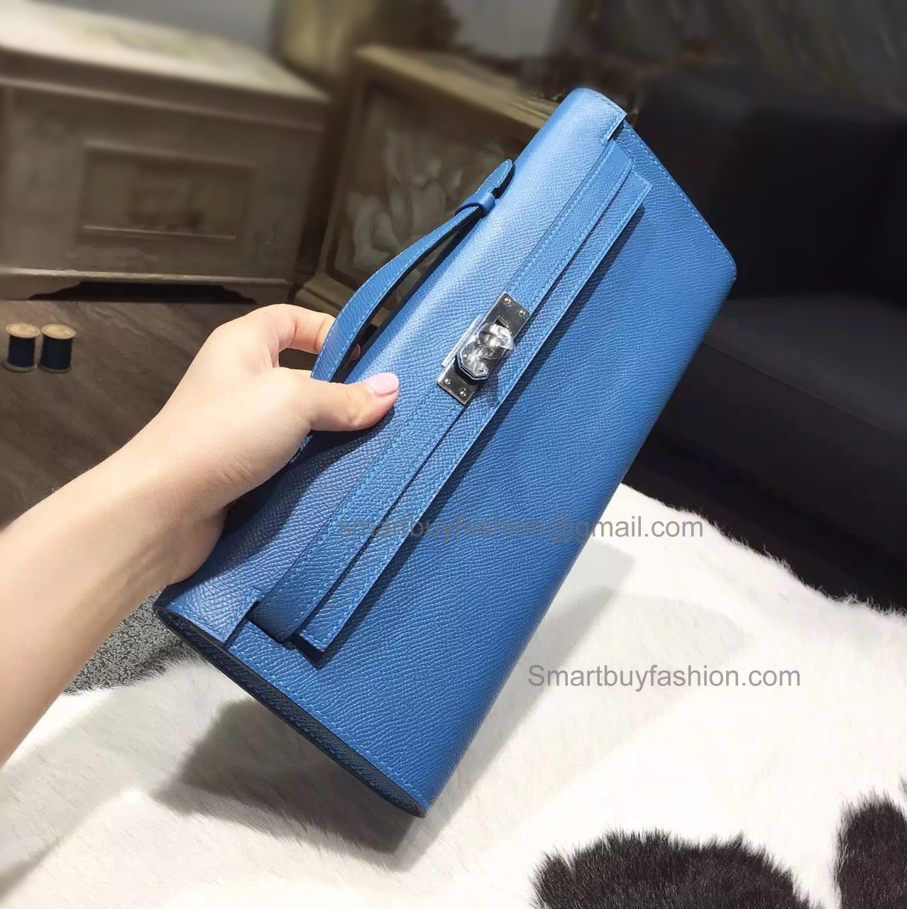 Handmade Hermes Kelly Cut Copy Clutch in 7w Blue Izmir Epsom Calfskin PHW