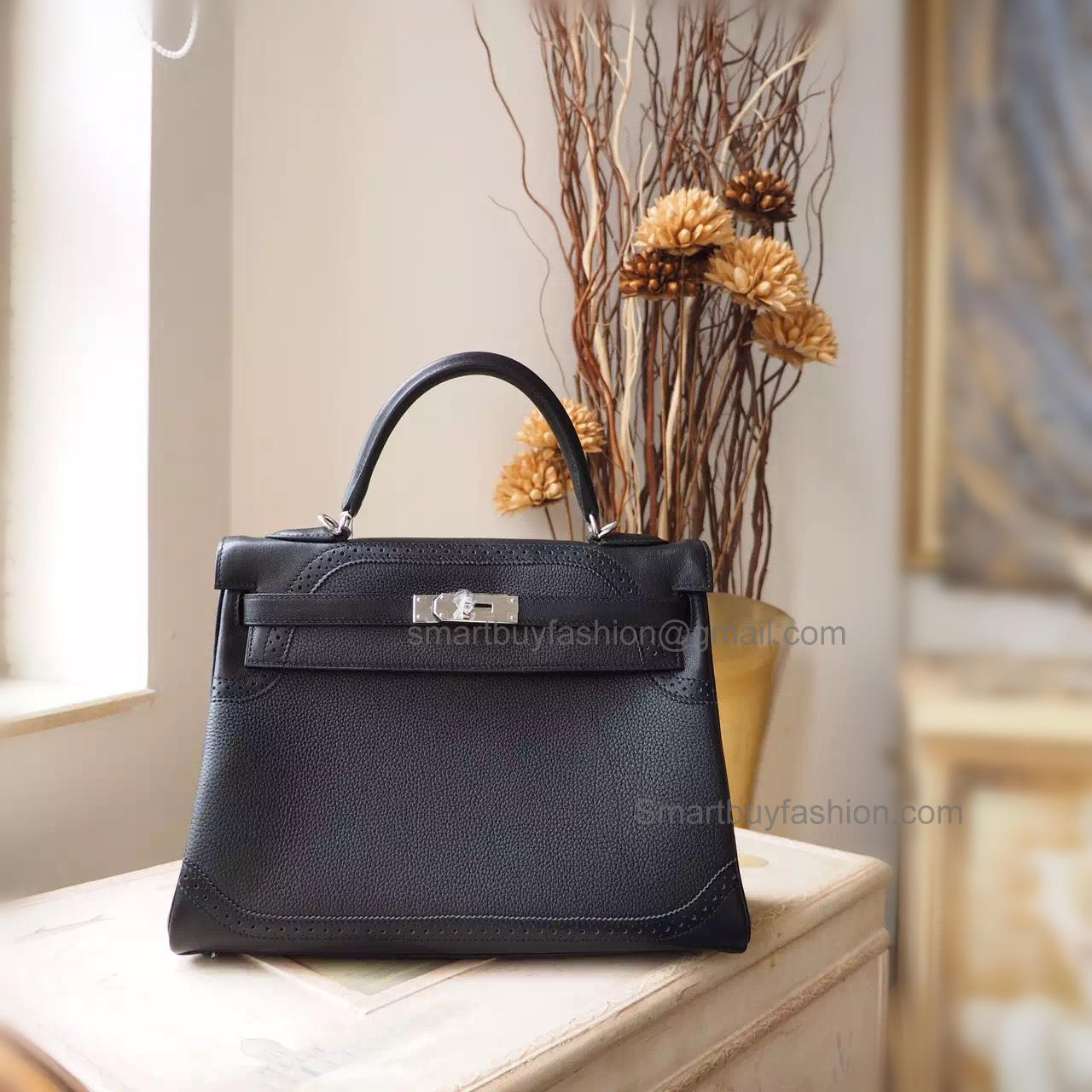 Handmade Hermes Kelly 32 Ghillies Copy Bag in ck89 Noir Calfskin PHW