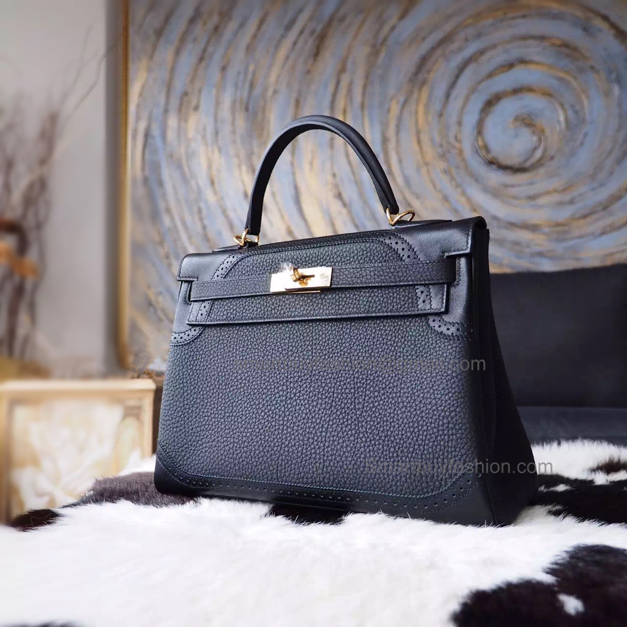 Handmade Hermes Kelly 32 Ghillies Copy Bag in ck89 Noir Calfskin GHW