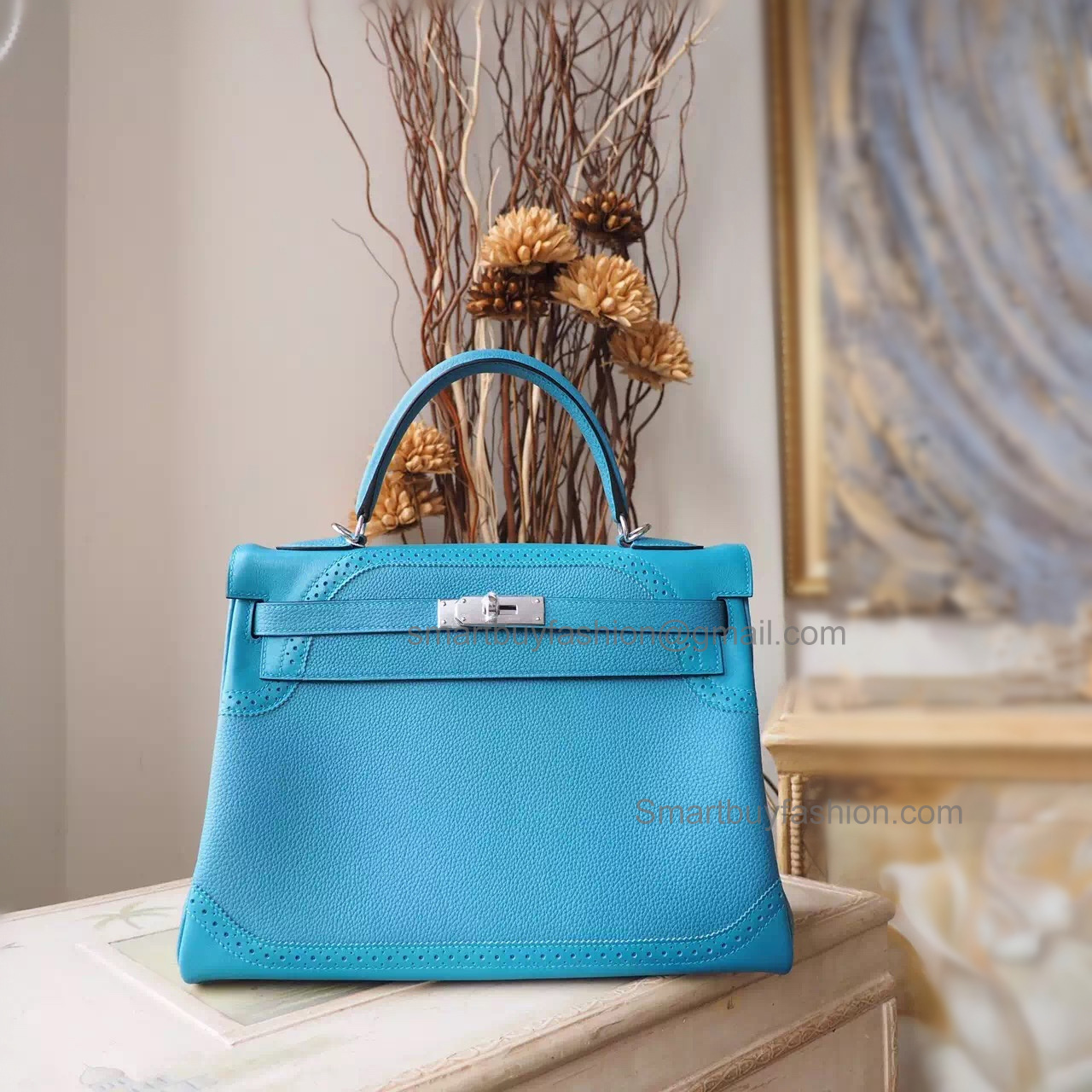 Handmade Hermes Kelly 32 Ghillies Copy Bag in 7b Turquoise Blue Calfskin PHW