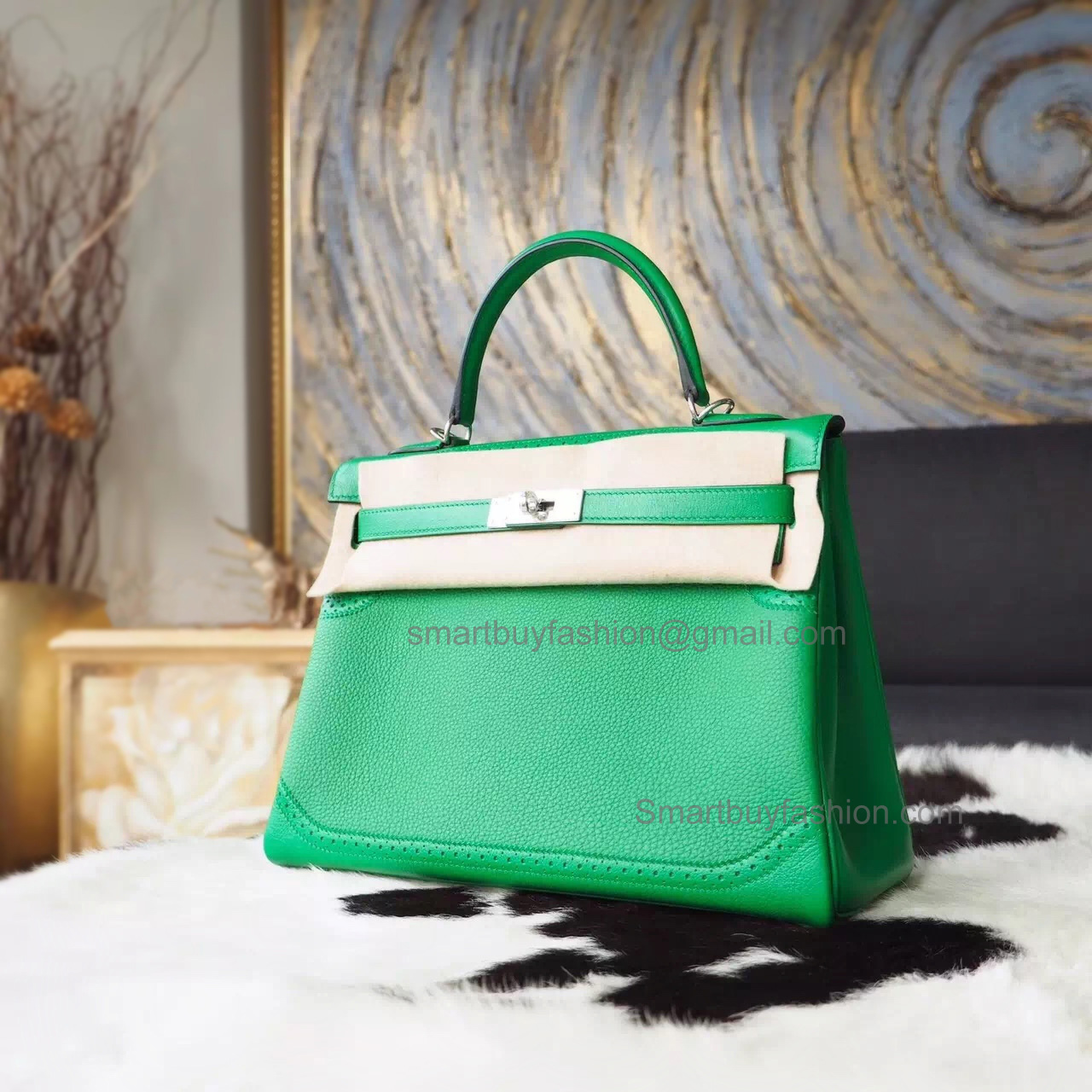 Handmade Hermes Kelly 32 Ghillies Copy Bag in 1k Bambou Calfskin PHW