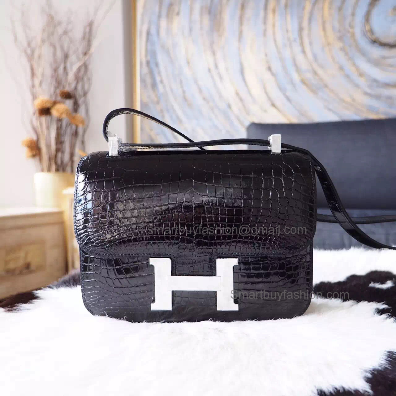 Best Copy Hermes Constance 23 Bag in ck89 Noir Niloticus Shining Croc PHW