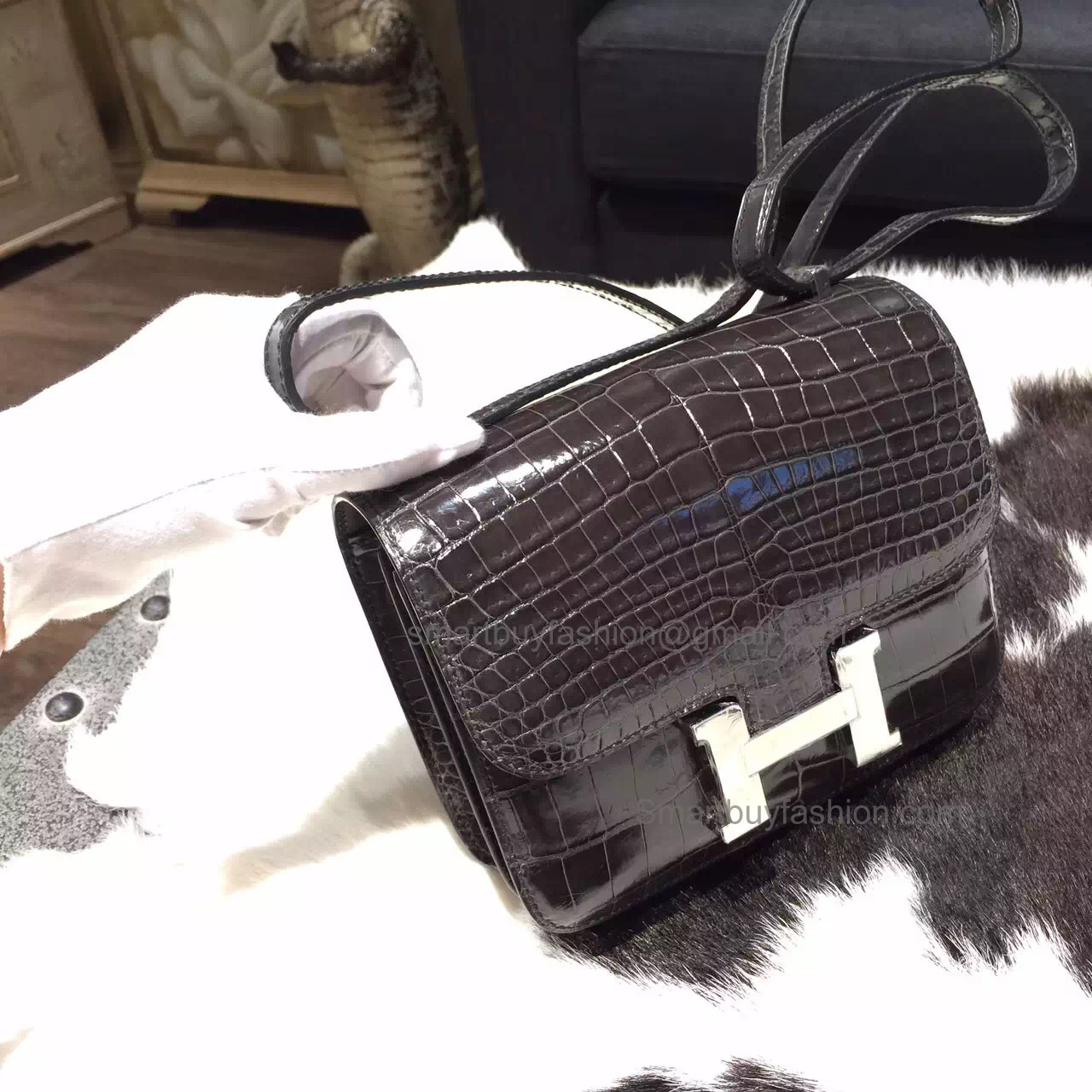 Copy Hermes Mini Constance 18 Bag in ck89 Noir Shining Nile Croc PHW