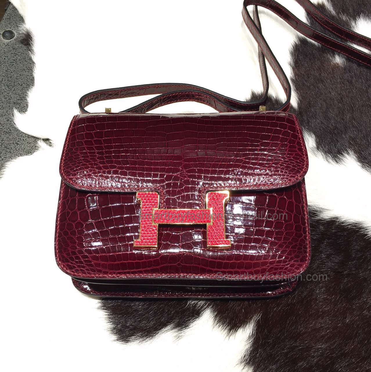 Copy Hermes Mini Constance 18 Bag in F5 Bourgogne Shining Nile Croc PHW