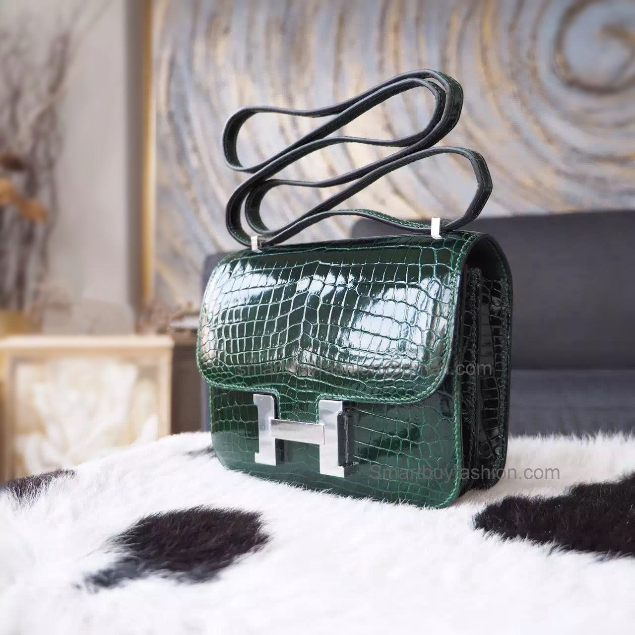 Copy Hermes Mini Constance 18 Bag in ck67 Vert Fonce Shining Porosus Croc PHW