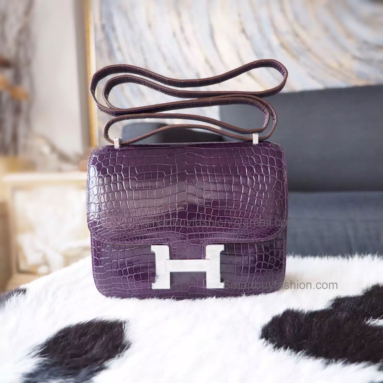 Copy Hermes Mini Constance 18 Bag in 9g Amethyst Shining Porosus Croc PHW