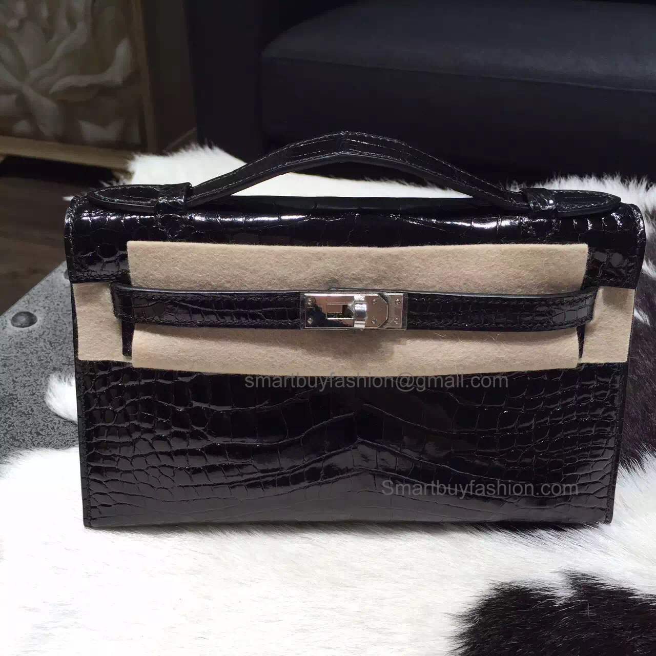 Copy Hermes Mini Kelly Pochette 22 Bag Handmade in ck89 Noir Shining Croc PHW