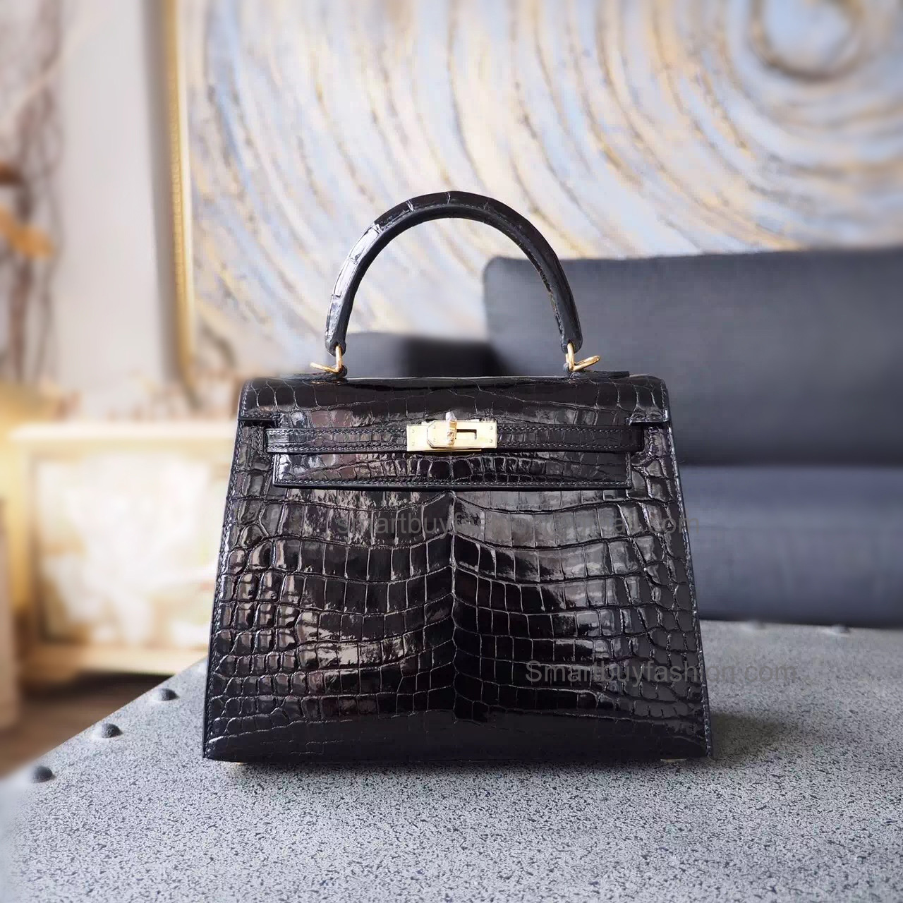 Replica Hermes Kelly 25 Handmade Bag in ck89 Noir Shining Niloticus Croc GHW