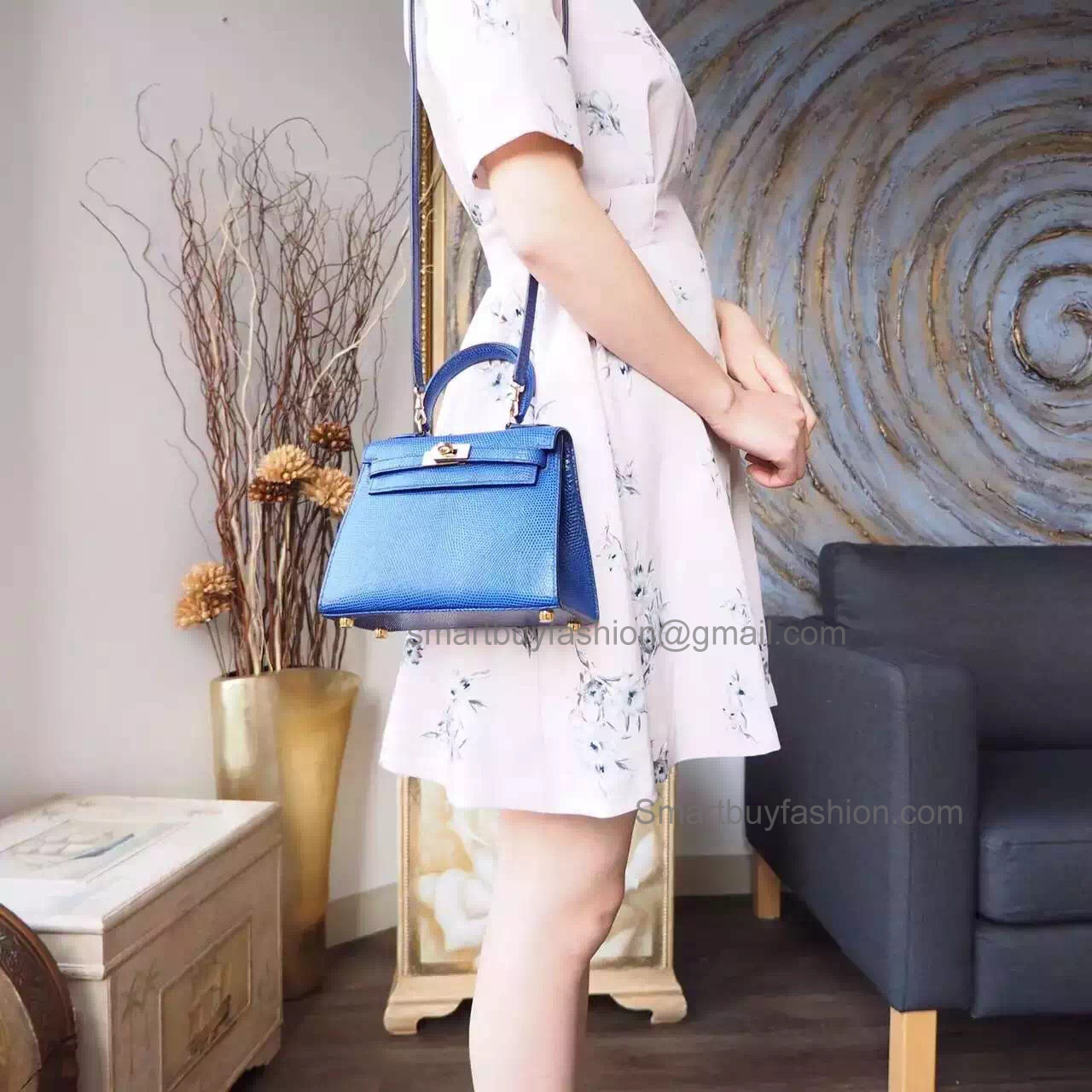 Hand Stitched Hermes Kelly 20 Copy Bag in 7t Electric Blue Lizard GHW