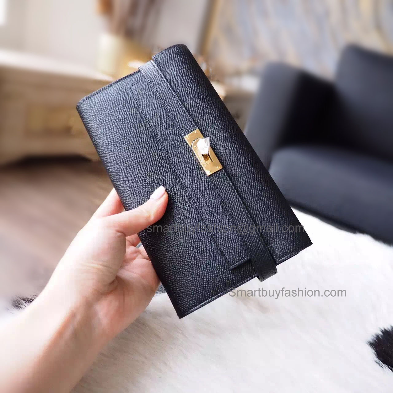 Hermes Kelly Long Wallet Handmade in ck89 Noir Epsom Calfskin GHW