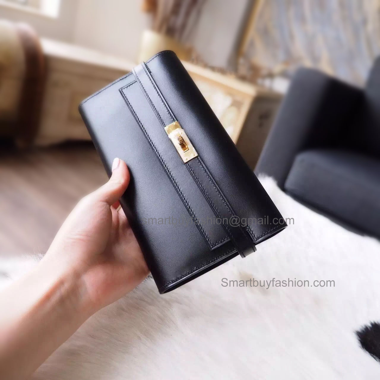 Hermes Kelly Long Wallet Handmade in ck89 Noir Box Calfskin GHW