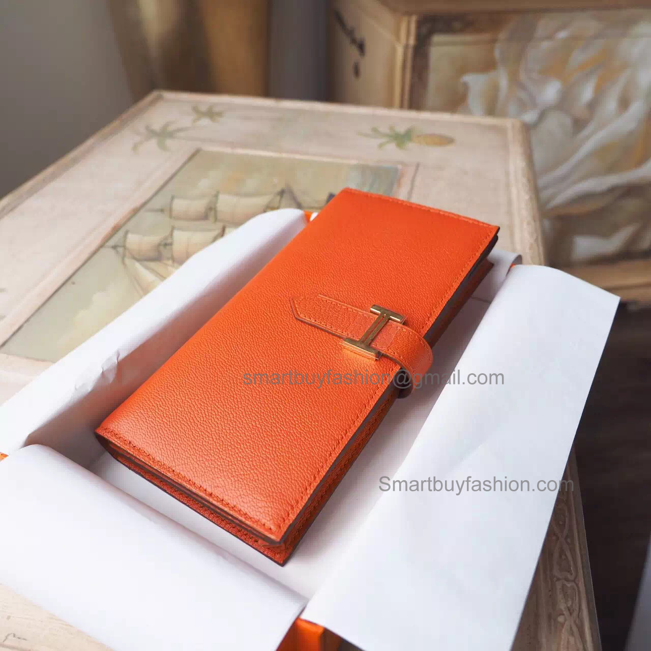 Hermes Bearn Wallet Handmade in cc93 Orange Goatskin GHW