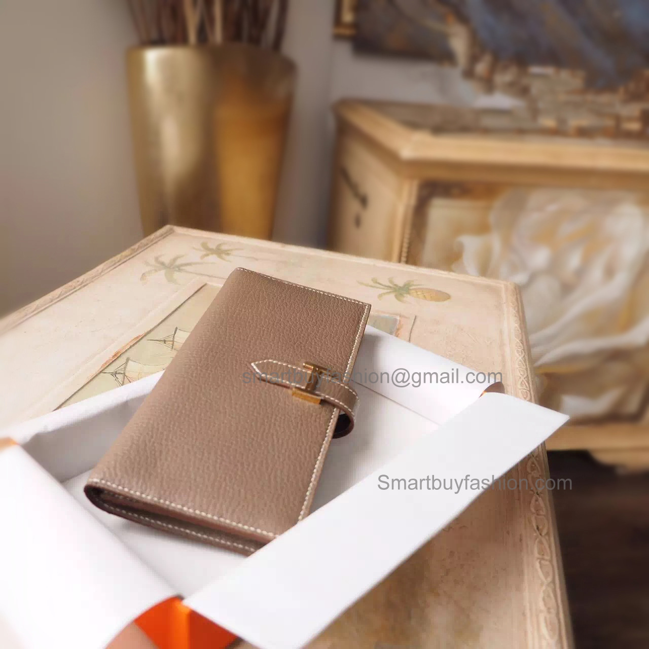 Hermes Bearn Wallet Handmade in ck18 Etoupe Goatskin GHW