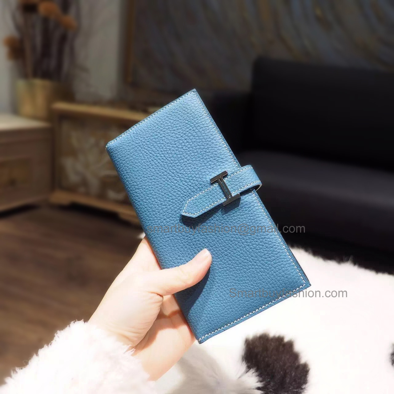 Hermes Bearn Wallet Hand Stitched in ck75 Blue Jean Togo Calfskin PHW