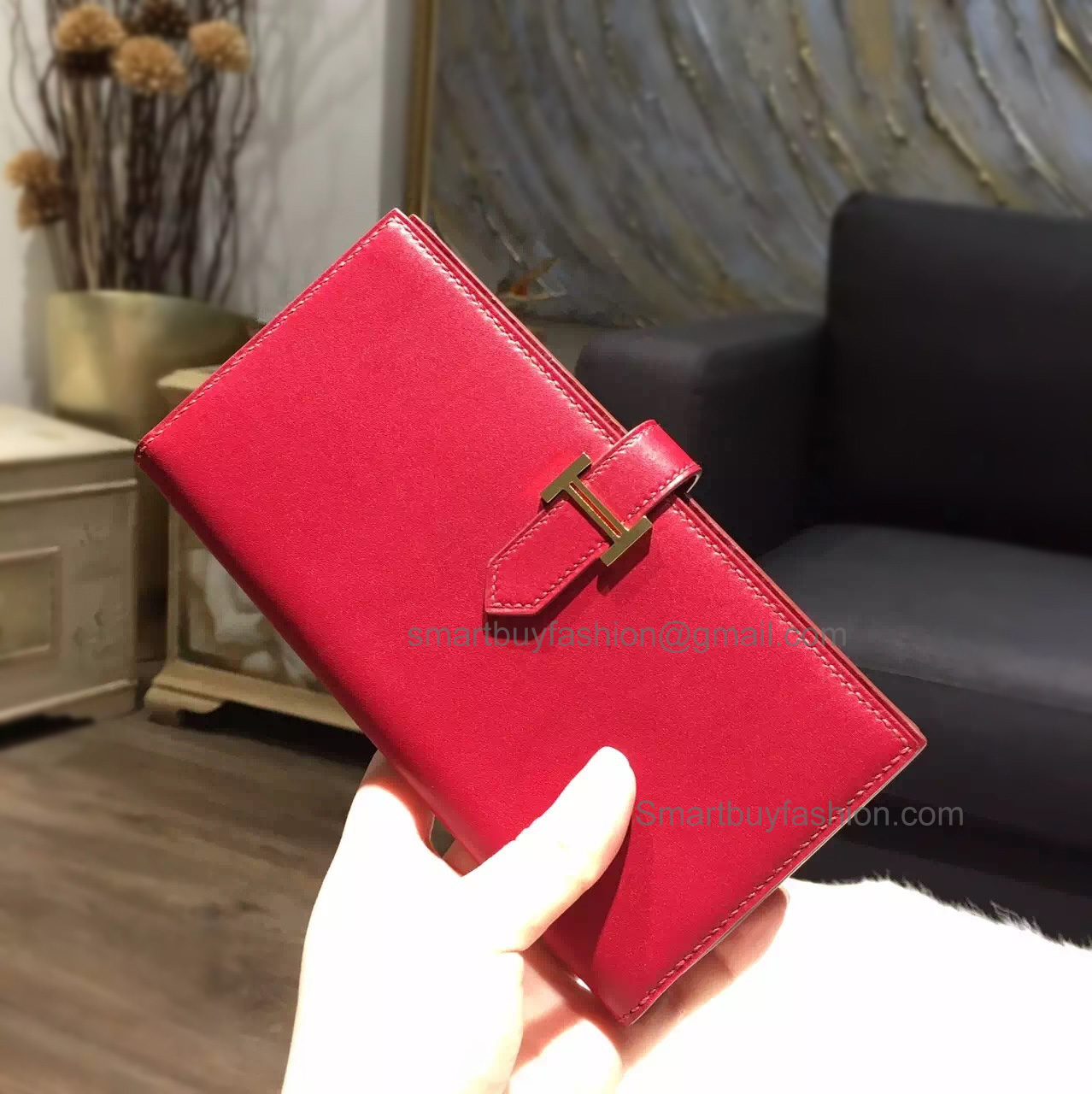 Hermes Bearn Wallet Hand Stitched in ck55 Rouge Box Calfskin GHW