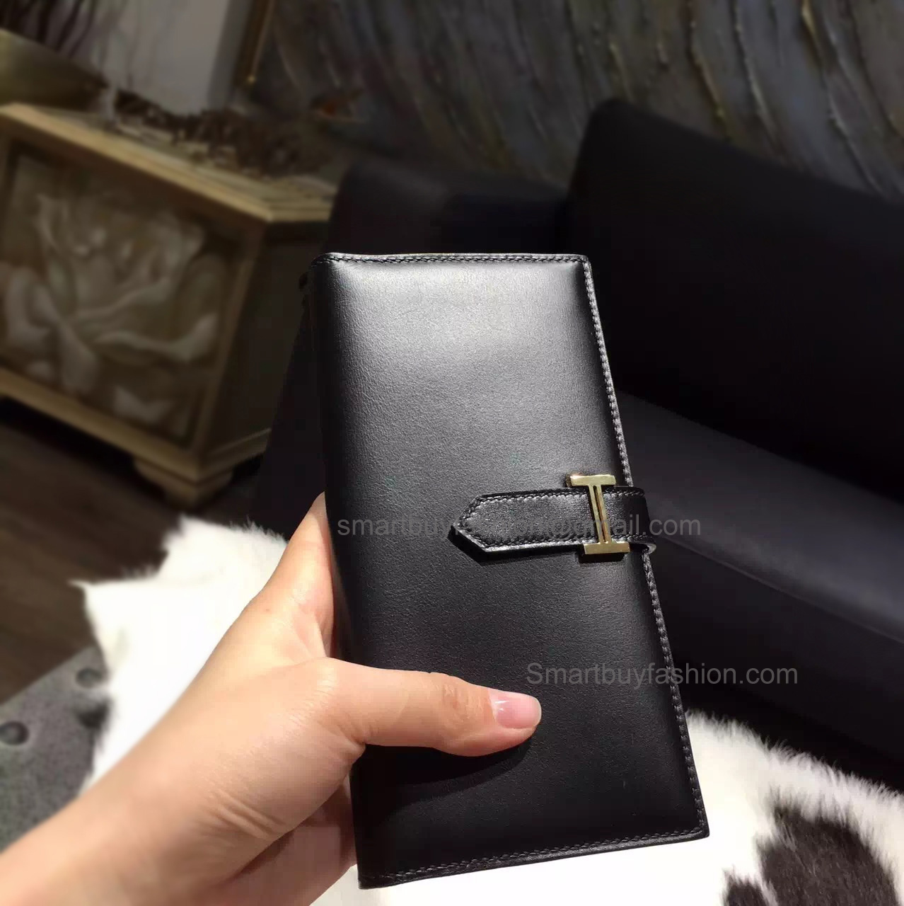 Hermes Bearn Wallet Hand Stitched in ck89 Noir Box Calfskin GHW