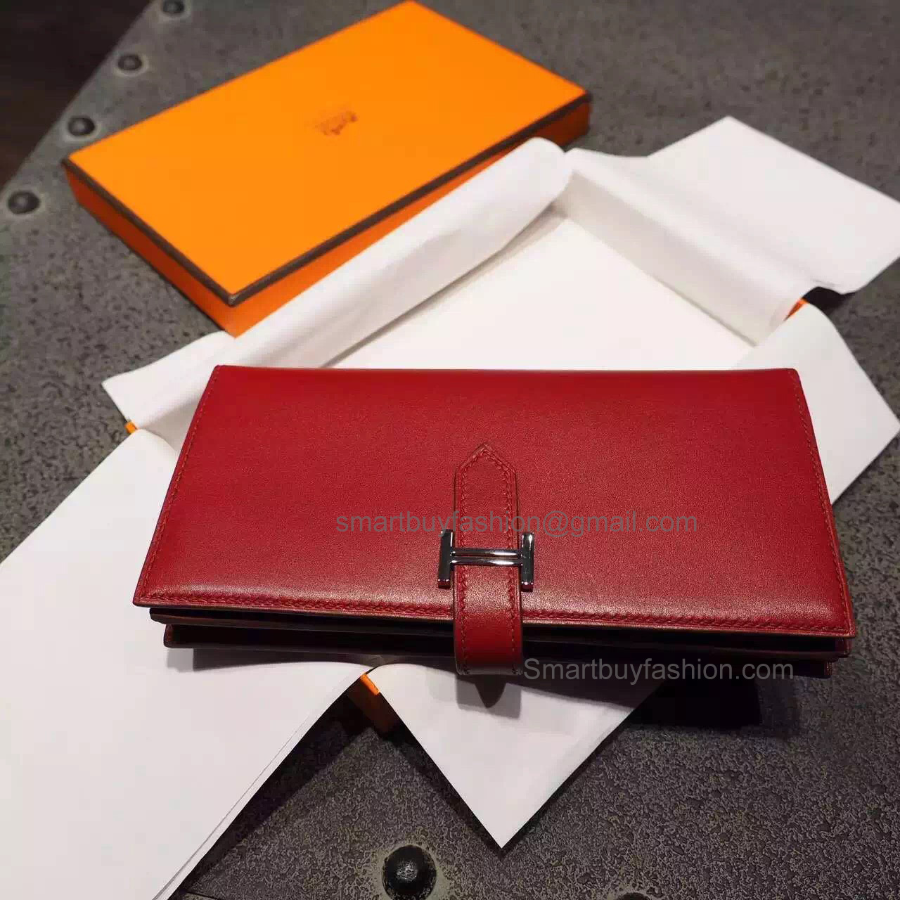 Hermes Bearn Wallet Hand Stitched in ck55 Rouge Box Calfskin PHW