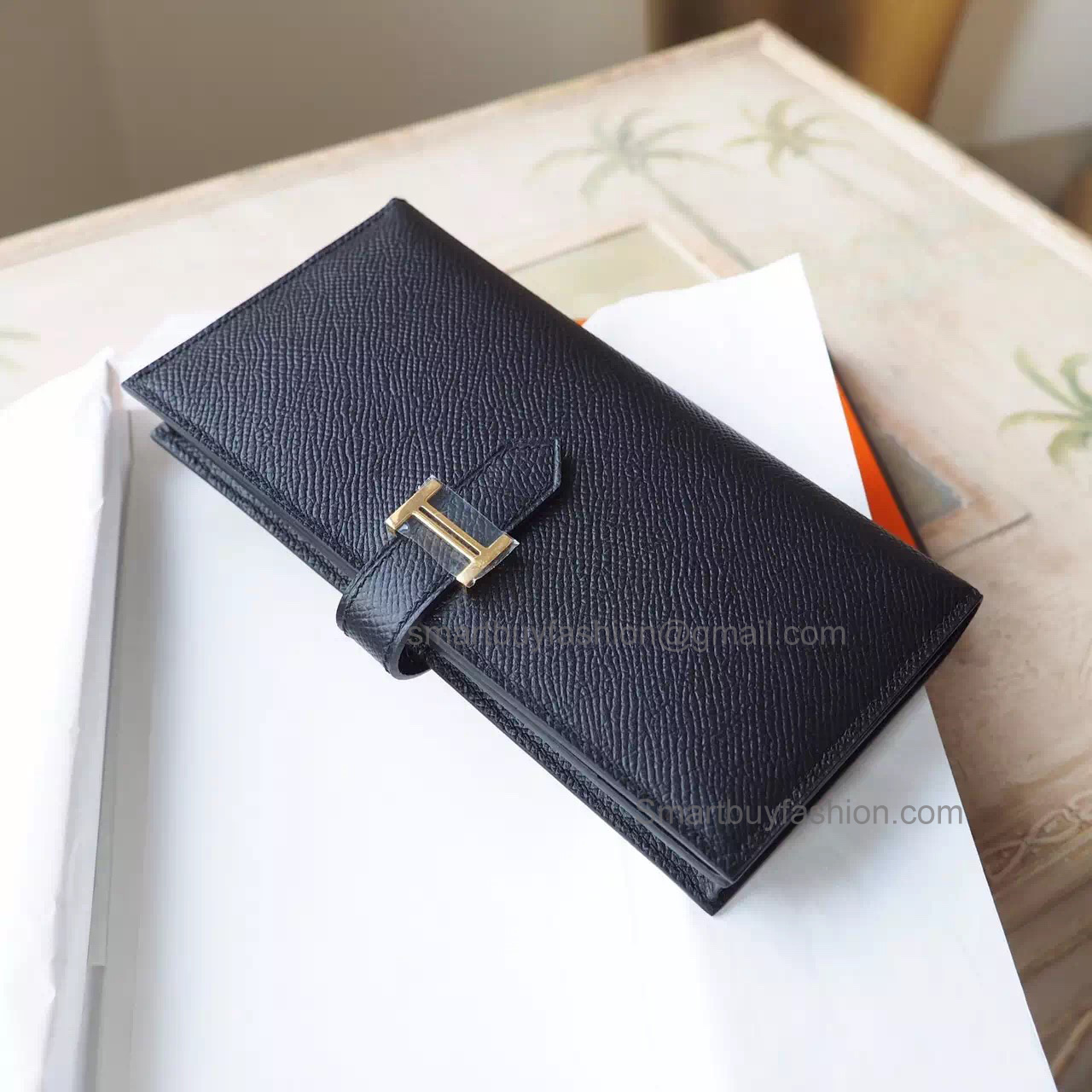 Hermes Bearn Wallet Hand Stitched in ck89 Noir Epsom Calfskin GHW
