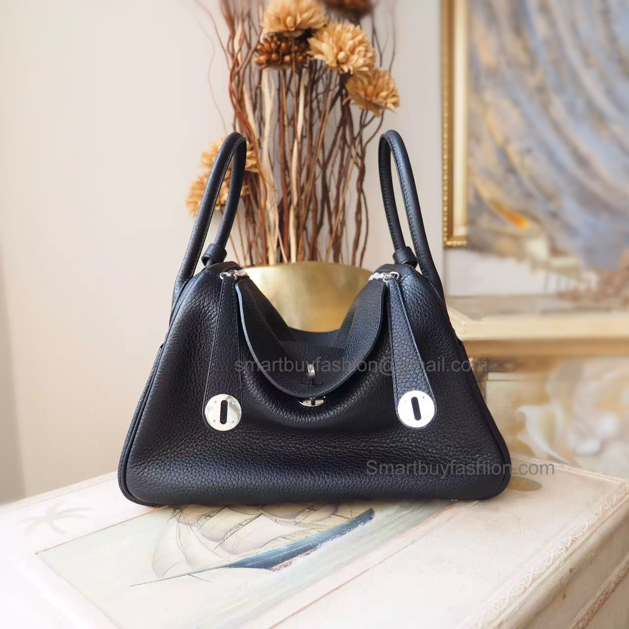 Handmade Hermes Lindy 26cm Copy Bag in ck89 Noir Clemence Calfskin PHW