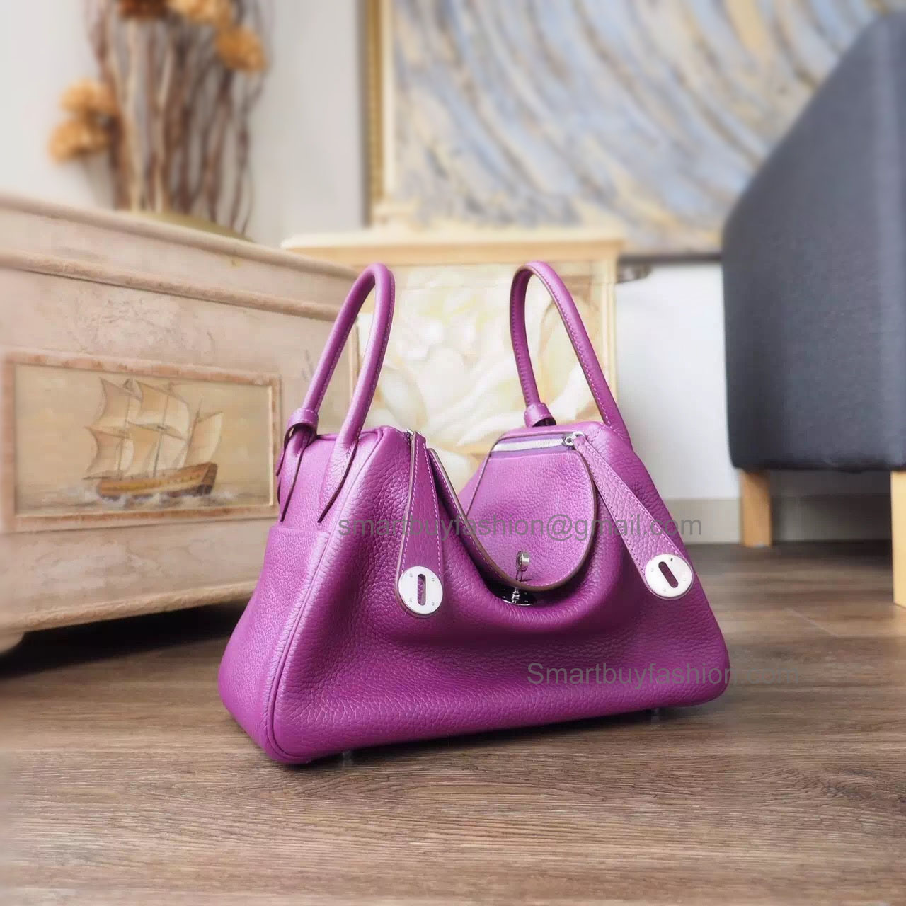 Handmade Hermes Lindy 26cm Copy Bag in p9 Anemone Clemence Calfskin PHW