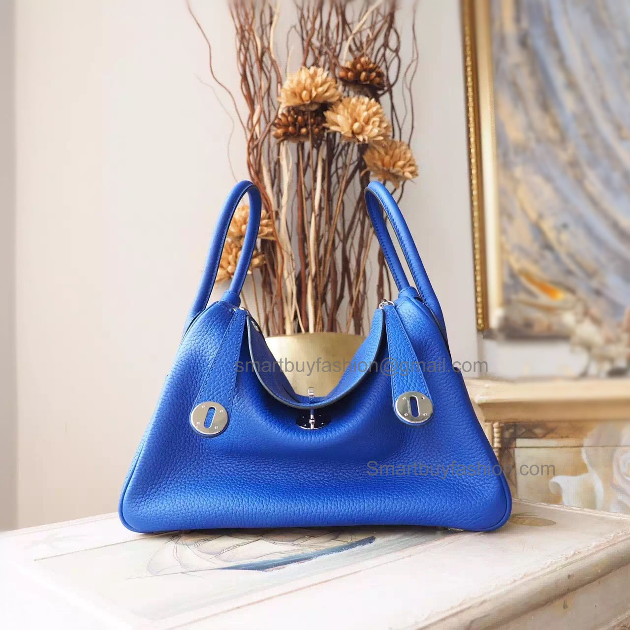 Handmade Hermes Lindy 30 Copy Bag in 7t Blue Electric Clemence Calfskin PHW