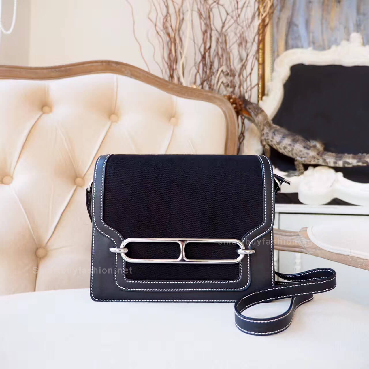 Hermes Roulis 23 Canvas Bag in ck89 Noir Evercolor PHW