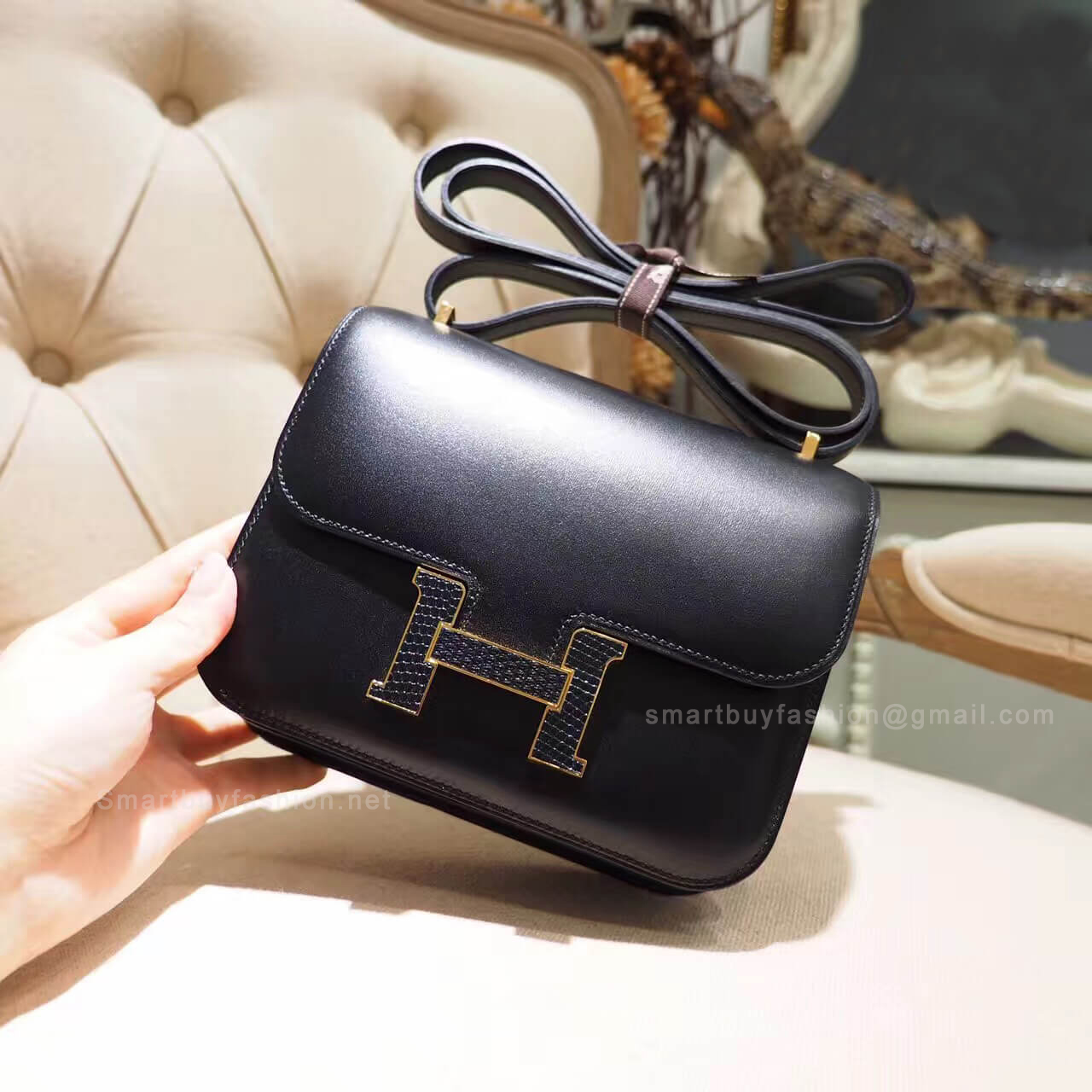 Hermes Mini Constance 18 ck89 Noir Box Bag Lizard H Buckle GHW
